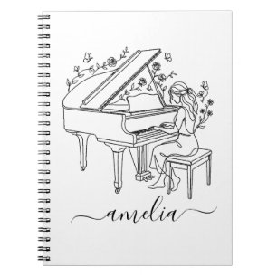 Caderno Espiral Desenho de Linha de Pianista Feminina Personalizad