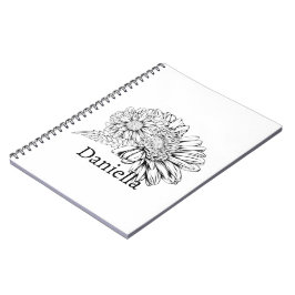 Caderno Espiral Desenho de linha preta de Crisântemo com seu nome 