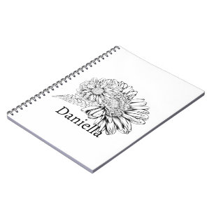 Caderno Espiral Desenho de linha preta de Crisântemo com seu nome