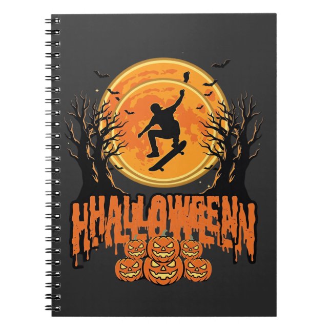Caderno Espiral Desenho de Lua de Skateboard de Halloween (Frente)