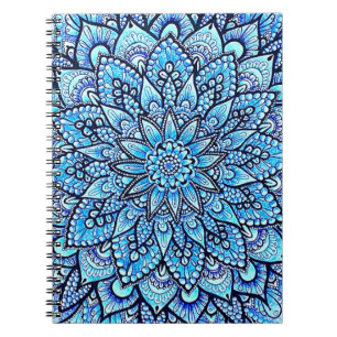 Caderno Espiral Desenho de Mandala com Lápis de Cor Azul Arte Orig