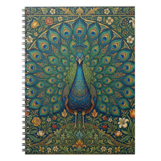 Caderno Espiral Desenho de pavão boêmio vintage elegante