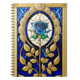 Caderno Espiral Desenho de Rosa Azul em Vidro Pintado
