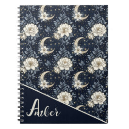 Caderno Espiral Desenho Floral Celestial de Meia-Noite & Lua Cresc