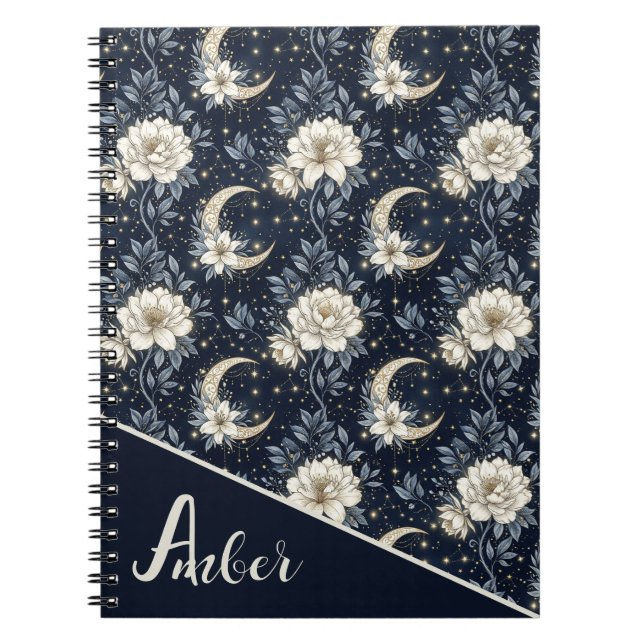 Caderno Espiral Desenho Floral Celestial de Meia-Noite & Lua Cresc (Frente)