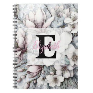 Caderno Espiral Desenho floral monograma de flores de magnólias ro