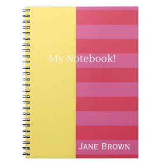 Caderno Espiral Desenho listrado de rosa e amarelo alegre e brilha
