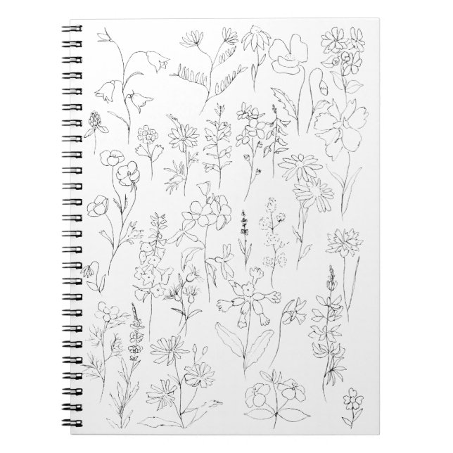 Caderno Espiral desenho preto e branco da linha de flores silvestr (Frente)