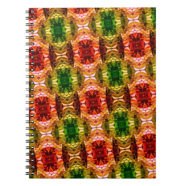 Caderno Espiral Desenho redondo gera formas vermelhas, verdes e do (Frente)