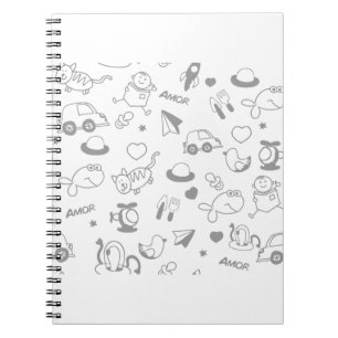 Caderno Espiral Desenhos de Crianças Peixe Bebê Gato Padrão Carro 