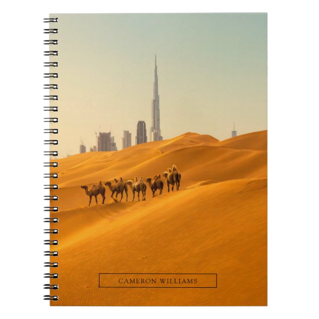 Caderno Espiral Desertos | Vista Skyline do Dubai com Camelos (Frente)