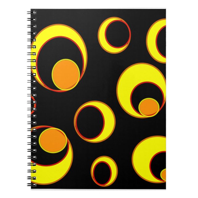 Caderno Espiral Design abstrato moderno, círculos amarelos em pret (Frente)