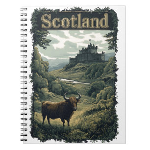 Caderno Espiral Design da Escócia: Highland Cow, Castle e Scenery