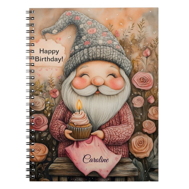 Caderno Espiral Design de aniversário de Gnome personalizável (Frente)