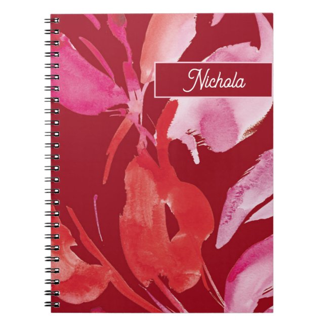 Caderno Espiral Design de Aquarela, Rosa e Vermelho, Botânica Vibr (Frente)