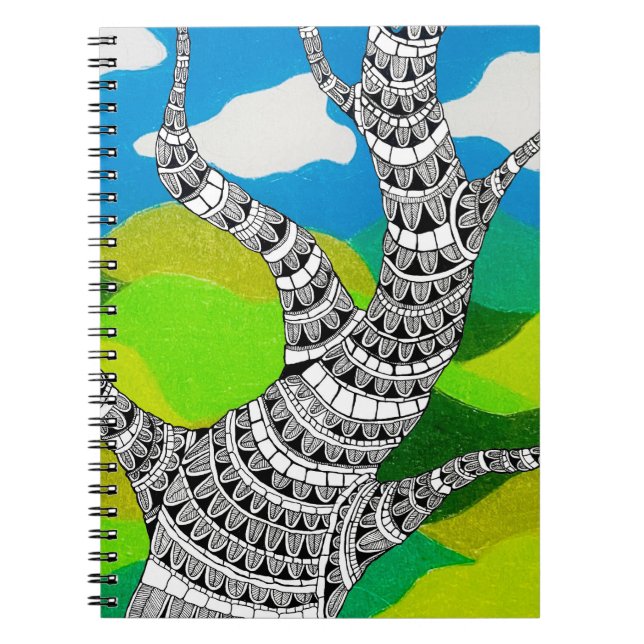 Caderno Espiral Design de Árvore Flexível Nuvens Paisagem Gramada (Frente)