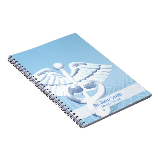 Caderno Espiral Design de Caduceu Azul Branco Médico 3D (Lado Direito)