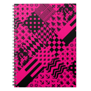 Caderno Espiral Design de Correção de Padrões Mistos Pretos Rosa