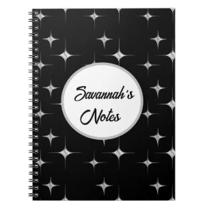 Caderno Espiral Design de Diamante Falso Prata Preto Chique Nome P