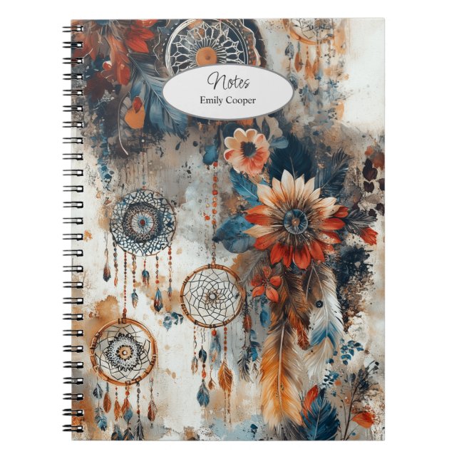 Caderno Espiral Design de estilo Boho com caçadores de sonhos (Frente)