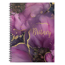 Caderno Espiral design de flor de cor-de-rosa elegante e dourada