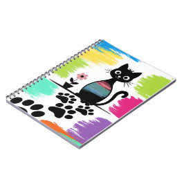 Caderno Espiral Design de Impressão de Gato Preto Colorido para No