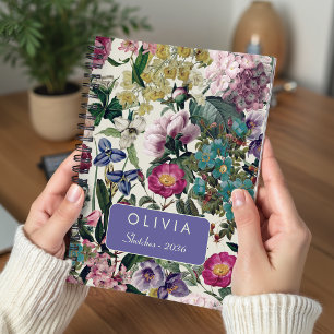Caderno Espiral Design de Monograma com Padrão Floral Rosa Vintage