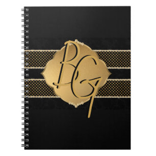 Caderno Espiral Design de Monograma Preto Dourado Elegante