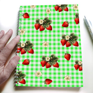 Caderno Espiral Design de morango com gingham verde simples
