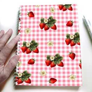 Caderno Espiral Design de morango em gingham vermelho simples