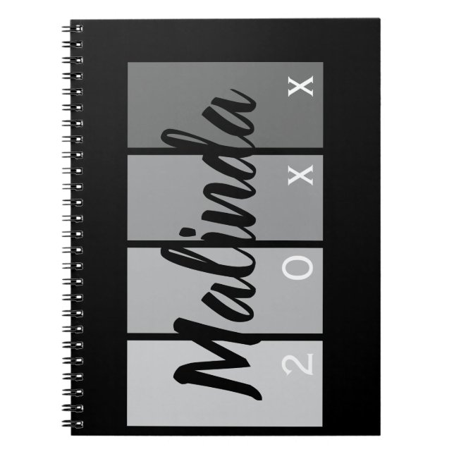 Caderno Espiral Design de Nome de Script Moderno - Mínimo Preto e  (Frente)