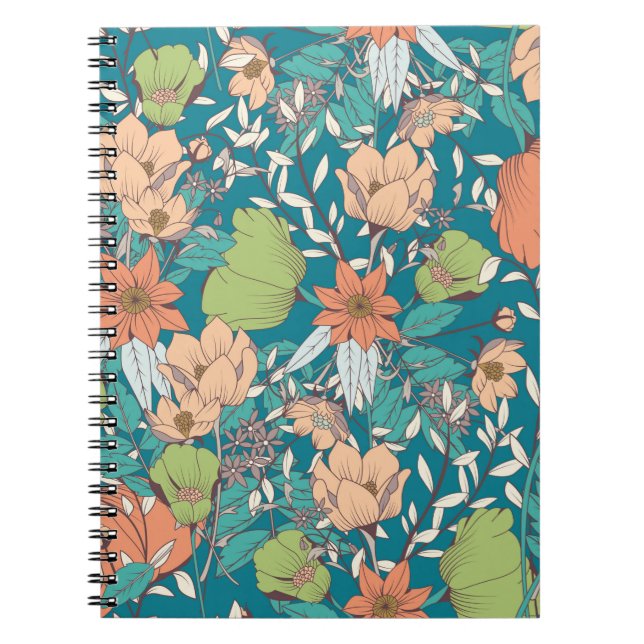 Caderno Espiral Design de padrão sem costura com flores desenhadas (Frente)