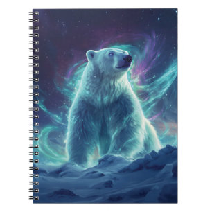 Caderno Espiral Design do Urso Polar Majestoso com Luzes Nortes