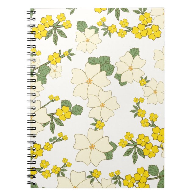 Caderno Espiral Design floral amarelo-limão-verde-vindimado (Frente)