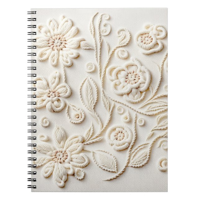 Caderno Espiral Design Floral bordado de marfim (Frente)