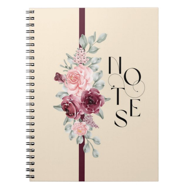 Caderno Espiral Design Floral com Fita em Rosa e Preto (Frente)