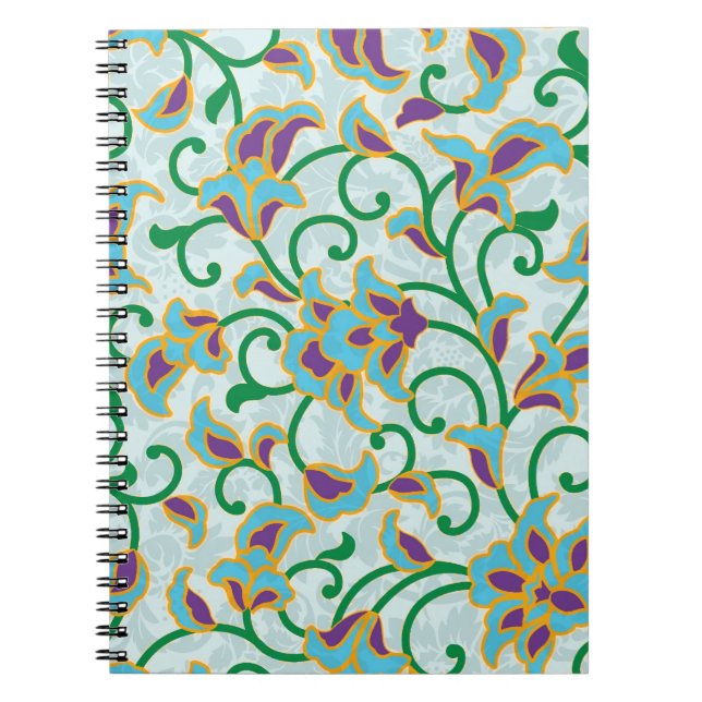 Caderno Espiral Design Floral Verde Azul E Roxo (Frente)