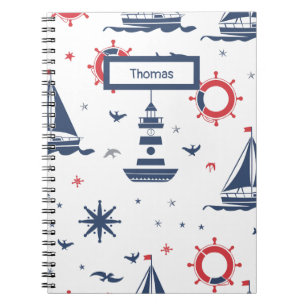 Caderno Espiral Design náutica azul, branco e vermelho