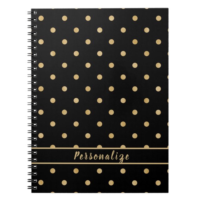 Caderno Espiral Design Padrão Preto para Bolinhas Dourada Elegante (Frente)