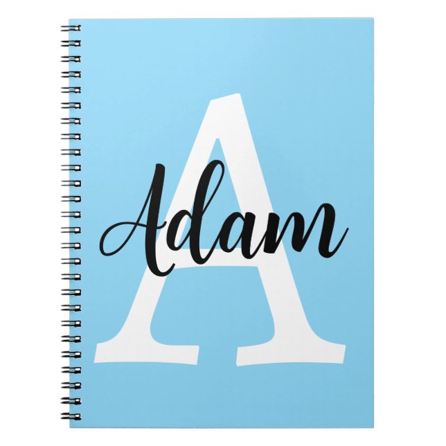 Caderno Espiral Design Personalizado Nome Monograma Azul Script (Frente)