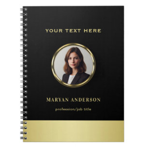 Caderno Espiral Design preto e dourado, logotipo ou foto em círcul