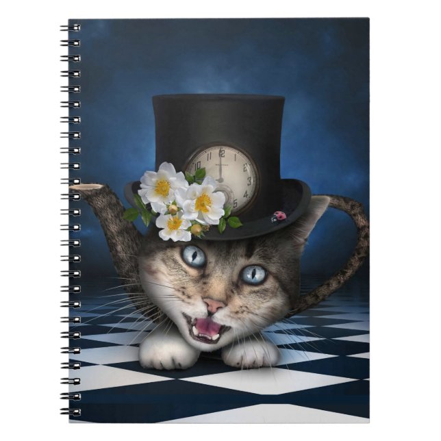 Caderno Espiral Design Whimsical Teapot Gato Mad Hatter (Frente)