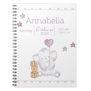 Caderno Espiral Detalhes de Nascimento do Elefante de Menina Rosa