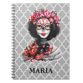 Caderno Espiral Dia das Morte Crânio Rosas Rosa Vermelho em Aquare