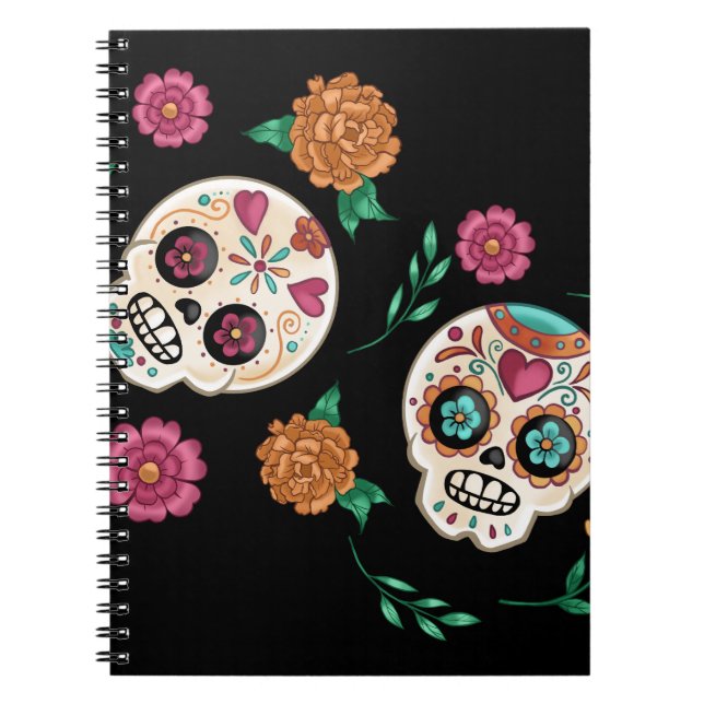 Caderno Espiral Dia dos Mortos Açúcar Caveiras e Flores Preto (Frente)