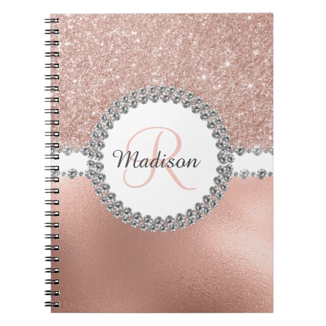 Caderno Espiral Diamante de Monograma com Brilho Glam em Rosa Dour (Frente)