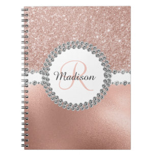 Caderno Espiral Diamante Monograma Glam Glitter Dourado Rosa