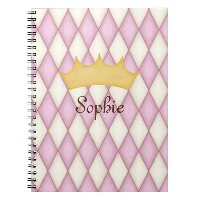 Caderno Espiral Diamante Rosa Cheque Nome Personalizado Princesa (Frente)