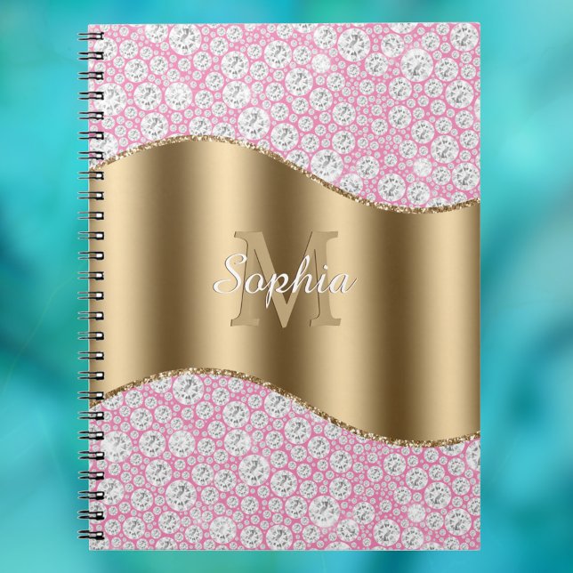 Caderno Espiral Diamantes de Vidro a Rosa, Monograma Dourado, Nome (Criador carregado)