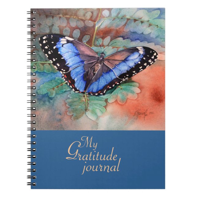 Caderno Espiral Diário azul da gratitude da aguarela de Morpho (Frente)
